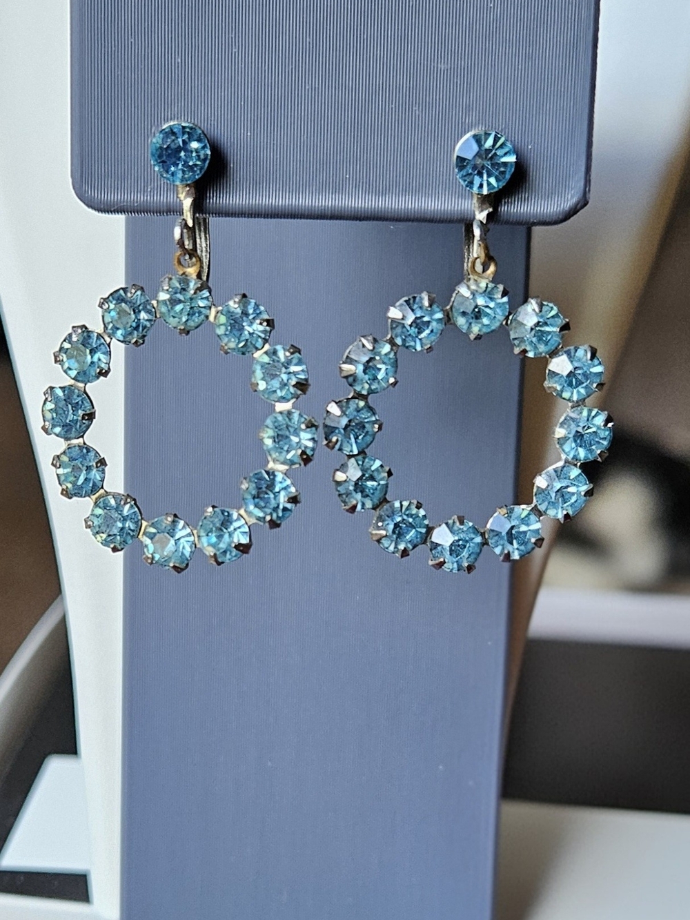 Vintage Blue Crystal Hoop Earrings With Screw Back.